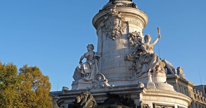 The Place de la republique, Paris, Île-de-France, France.Monument at the centre of the Place de la République, topped by a statue of Marianne
