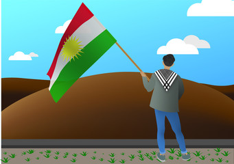 Illustration of a young man holding a Kurdistan flag