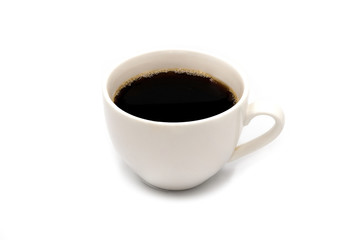 Hot black coffee in white glass and spoon on isolated white background .Food concepts and Lifestyle