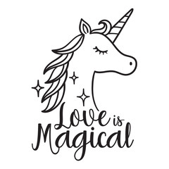 Love is Magical Unicorn Head Vector Illustration. Unicorn Face Side View.
