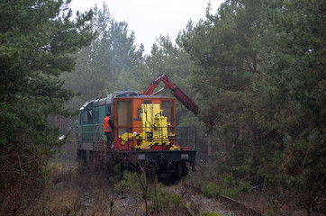 Fototapeta premium Specjalny pociąg kolejowy przecina zwisające gałęzie. W pobliżu Kijowa na Ukrainie