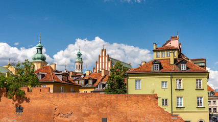 Warsawa, old town panorama, brick wall.