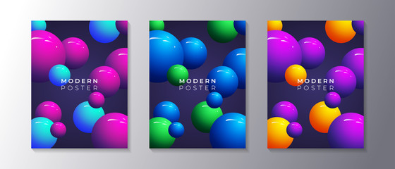 Abstract Dynamic 3d sphere Bubbles Design Set, glowing gradient neon balls, modern trendy poster or banner design