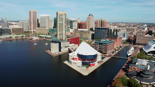 Wide Aerial Perspective over Streets Buildings of Inner Harbor Baltimore Maryland