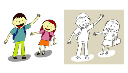 Students greeting at school.Students going to school together.