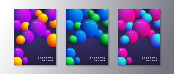 Abstract Dynamic 3d sphere Bubbles Design Set, glowing gradient neon balls, modern trendy poster or banner design