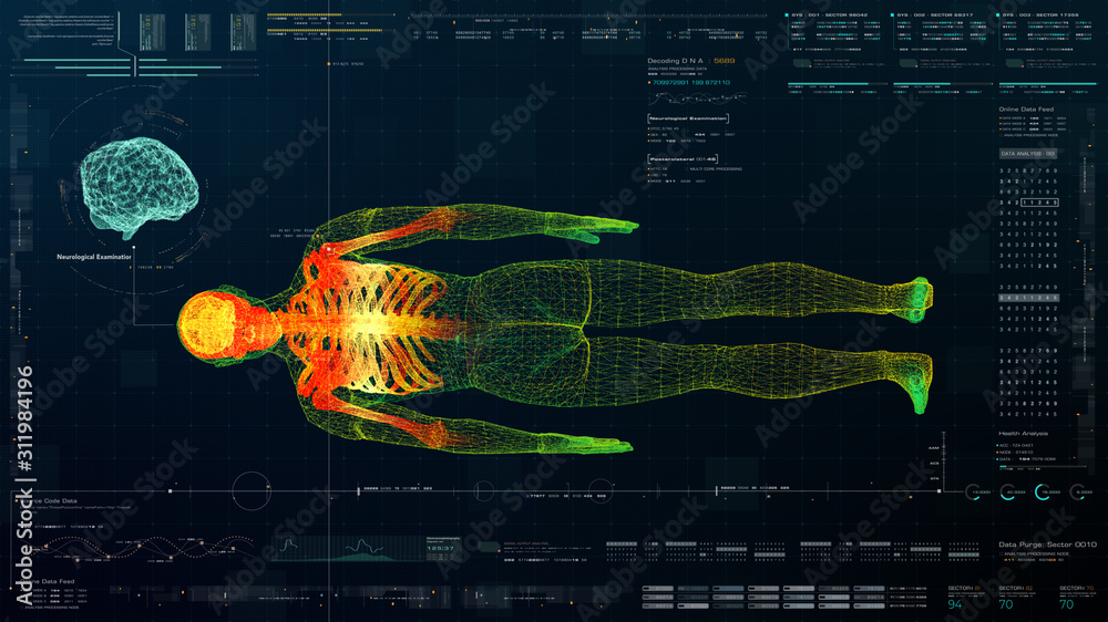 Poster futuristic head up display motion element virtual biomedical holographic human body scan neurologica