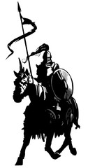 Silhouette of a Knight in a helmet with a shield and a flag, riding on an armored horse with a horn on his head. 2D illustration . © warmtail