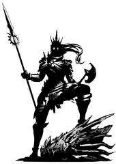 The silhouette of a dragon Hunter with demonic eyes with an axe and a spear stands proudly, putting his foot on the severed head of a defeated dragon.