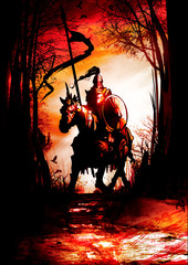 The silhouette of a Knight in a helmet with a shield and a flag in the middle of the ominous parched forest, riding on an armored horse with a horn on its head. 2D illustration . © warmtail
