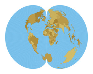 World Map. American polyconic projection. Map of the world with meridians on blue background. Vector illustration.