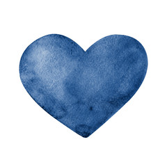 Fototapeta premium Classic blue abstract heart close up. Hand watercolor illustration isolated on white background. Product design for Valentine's Day, wedding, greeting card, invitation, congratulations, print.