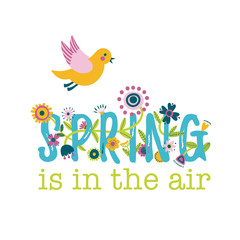 Spring is in the air. Floral concept with cute folk flowers. Colorful vector illustration.