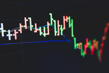 Stock market trading graph and candlestick chart on screen for businese financial investment concept. Economy trends background. Abstract finance and invest background.