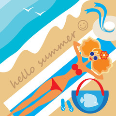 young girl sunbathing on the beach. sand, sea and beach accessories. vector illustration. EPS 10.