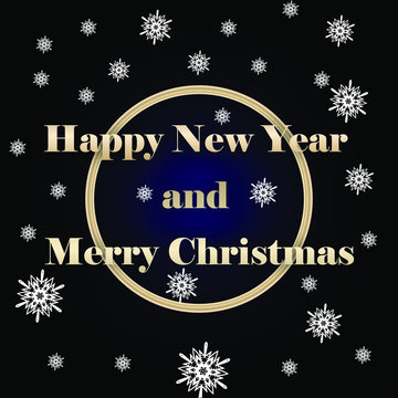 Merry christmas and happy new year vector. Composition of text and golden balls. For banner, poster or postcard.