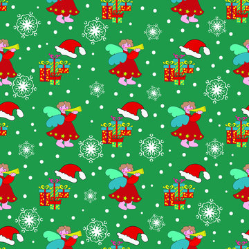 Stylish christmas background. Fashionable picture. Seamless pattern Angel, Santa hat and snowflake. Wrap or bag for holiday gifts. Vector illustration