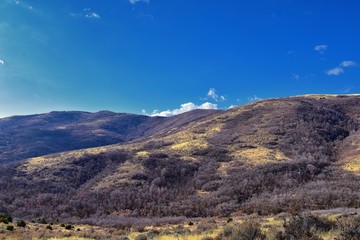 Views of Wasatch Front Rocky Mountains from the Oquirrh Mountains with fall leaves, Hiking in Yellow Fork trail and Rose Canyon in Great Salt Lake Valley. Utah, United States. USA.