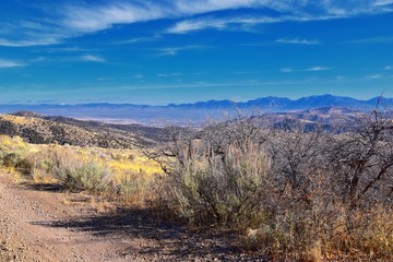 Views of Wasatch Front Rocky Mountains from the Oquirrh Mountains with fall leaves, Hiking in Yellow Fork trail and Rose Canyon in Great Salt Lake Valley. Utah, United States. USA.