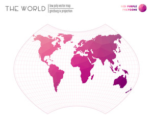 Abstract geometric world map. Ginzburg IX projection of the world. Red Purple colored polygons. Awesome vector illustration.