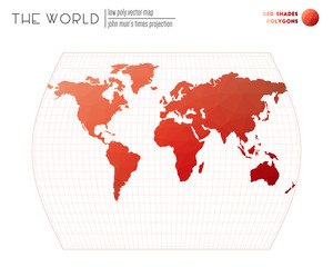 World map in polygonal style. John Muir's Times projection of the world. Red Shades colored polygons. Trending vector illustration.