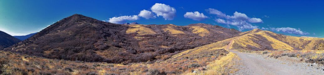Views of Wasatch Front Rocky Mountains from the Oquirrh Mountains with fall leaves, Hiking in Yellow Fork trail and Rose Canyon in Great Salt Lake Valley. Utah, United States. USA.