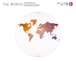 Polygonal world map. Van der Grinten III projection of the world. Purple Orange colored polygons. Creative vector illustration.