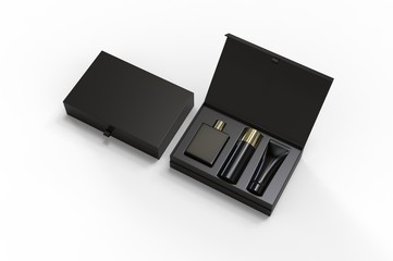 Blank cosmetic gift set box for branding, 3d render illustration.