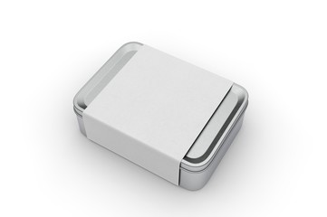 Fototapeta premium Blank tin box with sleeve paper label for branding, 3d render illustration.