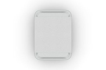 Blank tin box with sleeve paper label for branding, 3d render illustration.