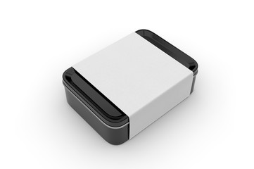 Blank tin box with sleeve paper label for branding, 3d render illustration.