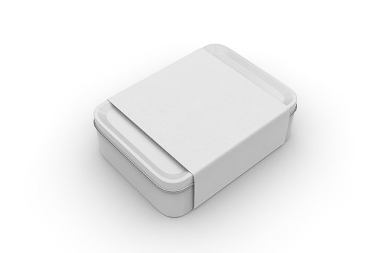 Blank tin box with sleeve paper label for branding, 3d render illustration.