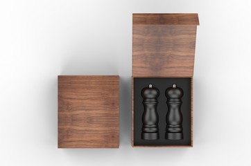 Blank Salt and Pepper Grinder Gift Set  Box For Branding, 3d render illustration.