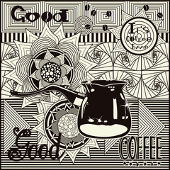shiny metal Turk on the background is an ornament of abstract flowers and the inscriptions It`s coffee time good, color vector illustration