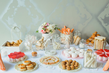 Bright and delicate candy bar at a wedding or party. Cookies, candy, marshmallows and flowers on the table