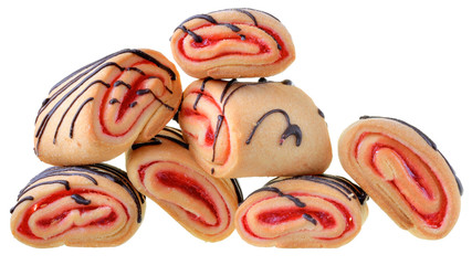 Cookies rolls with strawberry jam and chocolate icing isolated