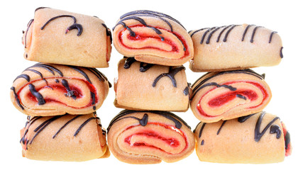 Cookies rolls with strawberry jam and chocolate icing