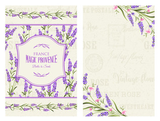 Lavender frame for invitation and other printing or web projects. The provence greeting card with frame of flowers and text place. Label with lavender flowers. Vector illustration.