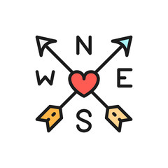 Arrows and heart, tattoo sketch flat color line icon.