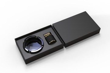 Blank ashtray and vintage lighter gift box for branding, 3d render illustration.