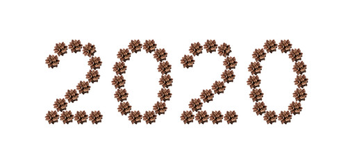 Decorative with pine cones 2020 numbers isolated on white background, new year font