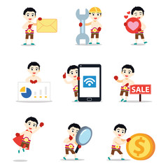 Set of man boxer champion cartoon character in ring.