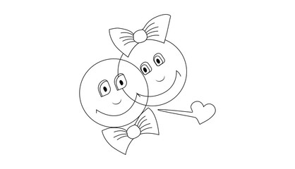 hand-drawn smiley faces female and male smiling, joy emotions, with bow and bow tie, in black and white lines isolated on a white background.festive moodPrint