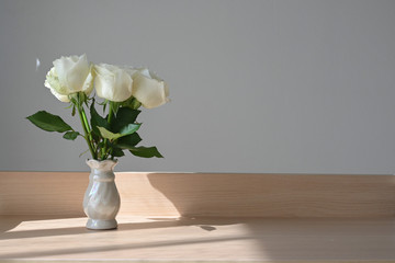 white rose blossom decoration in home, beautiful flower blooming in small vase put on wooden table...