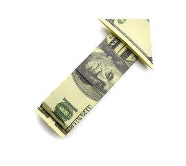 100 us dollars in the shape of an arrow on a white background