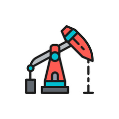 Oil rig, pump jack, industrial equipment flat color line icon.