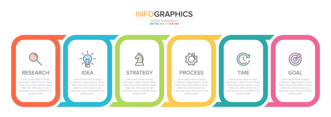 Concept of arrow business model with 6 successive steps. Six colorful graphic elements. Timeline design for brochure, presentation. Infographic design layout