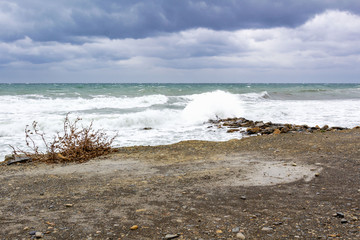seascape early morning waves break on the rocks