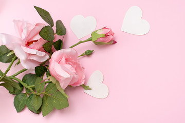 pink rose, white hearts on pink background, copy space. valentine's day greeting card