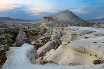 Eroded volcanic tuff at Pasabag Monks Valley after sunset near Goreme Cappadocia Turkey